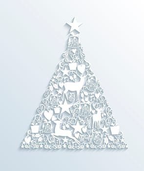 Merry Christmas contemporary pine tree made with 3d white elements greeting card. EPS10 vector illustration with transparency layers.