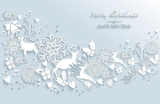 Merry Christmas and Happy new year vintage white 3d elements greeting card design. EPS10 vector illustration with transparency layers.