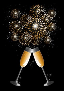 Happy new year 2014 holidays fireworks and flute glass greeting card background. EPS10 illustration organized in layers for easy editing.