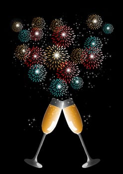 Happy new year 2014 holidays fireworks and flute glass greeting card background. EPS10 illustration organized in layers for easy editing.