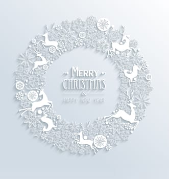 Merry Christmas and Happy new year contemporary 3d white elements wreath greeting card design. EPS10 vector illustration with transparency layers.