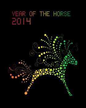 Chinese New Year 2014. Abstract Rainbow color horse over black background. EPS10 vector file with transparency layers.