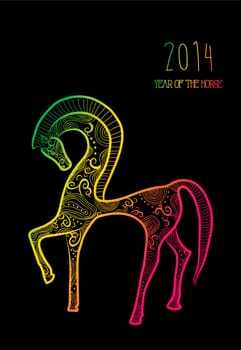 Chinese New Year 2014. Multicolor horse over black background. EPS10 vector file with transparency layers.