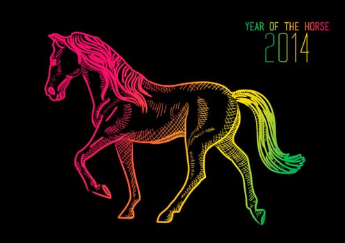 2014 Chinese New Year of the Horse illustration with colorful lines over black background. EPS10 vector file with transparency layers.