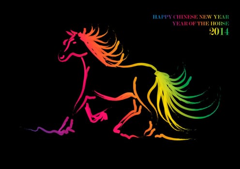 2014 Chinese New Year of the Horse Rainbow glowing abstract  silhouette composition over black background. EPS10 vector file with transparency layers.