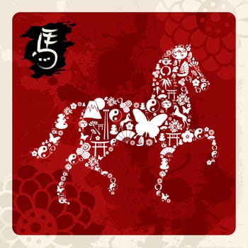 Zodiac 2014 Chinese New Year of the Horse eastern elements composition in red background. Vector file organized in layers for easy editing.