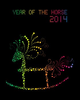 Chinese New Year 2014. Rainbow glowing rocking horse over black background. EPS10 vector file with transparency layers.