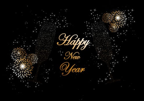 Happy new year 2014 holidays champagne flute glass with fireworks sparkles greeting card background. EPS10 illustration organized in layers for easy editing.