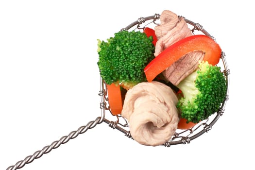 Fondue ingredients in the sieve