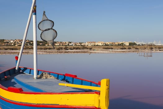 View of a salt pan of a saltworks in Gruissan in southern France
