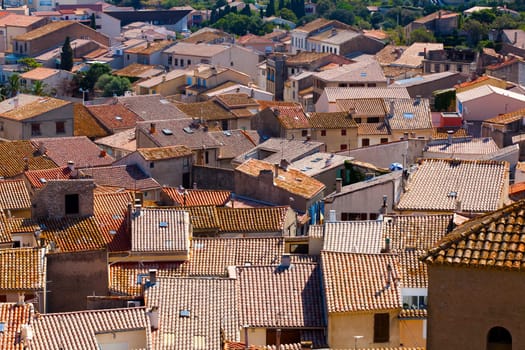 View over the rooftops of the medieval town of Gruissan in southern France