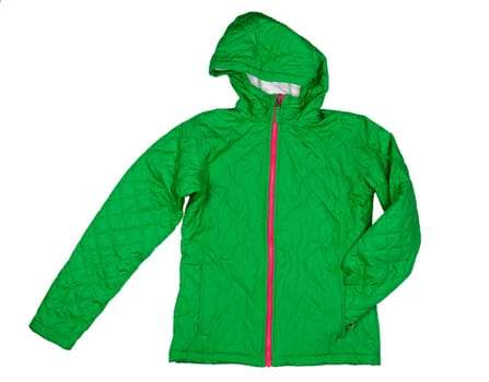 Green quilted jacket with hood. Isolated on white background