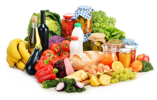 Composition with variety of grocery products isolated on white