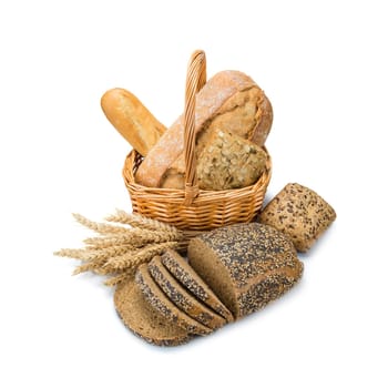 Basket with assortment of bread isolated on a white background