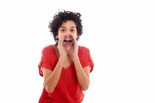 Portrait of happy hispanic woman screaming and shouting at camera