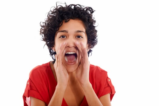 Portrait of happy hispanic woman screaming and shouting at camera