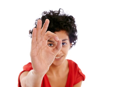Portrait of happy hispanic girl doing ok sign with hand, smiling at camera