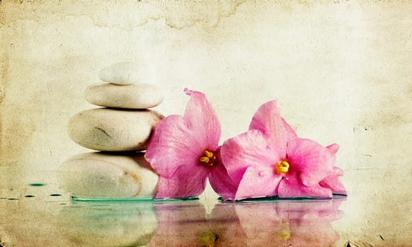 Vintage photo of ooriental spa stones and pink flower