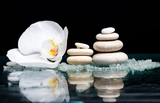 Spa stones, sea salt and with orchid flower on black background