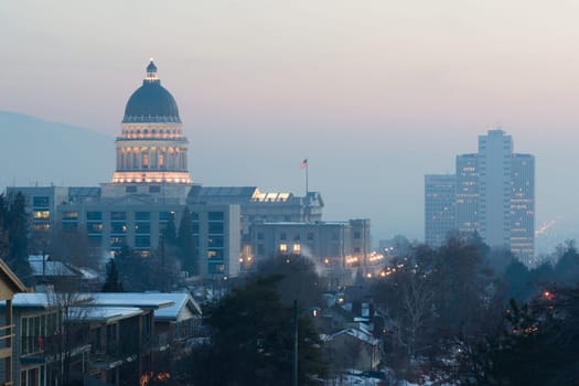 A hill provides scenic overlook for the captal and downtown Salt Lake City