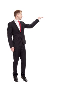 Businessman presenting your ad, isolated on white