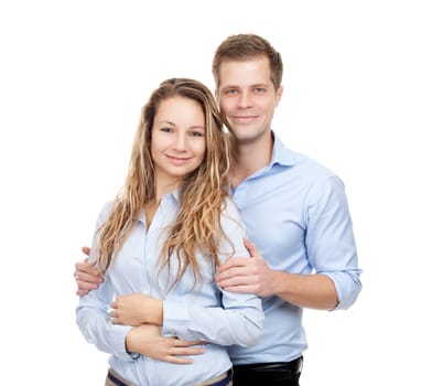 Young happy couple smiling, isolated on white