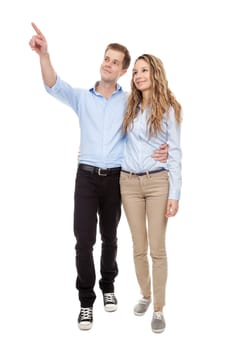 Young romantic couple walking, isolated on white