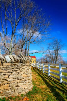 Traditional stone and wooden fences in Shaker Village of Pleasant Hill, Kentucky
