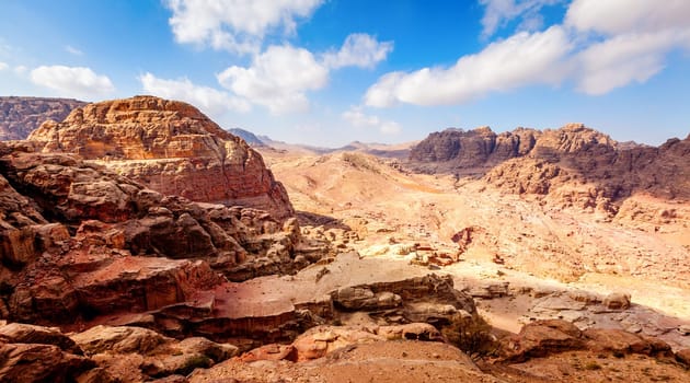 High view point of Jordanian desert at Petra from the Mountain Heights Plateau