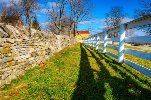 Traditional stone and wooden fences in Shaker Village of Pleasant Hill, Kentucky