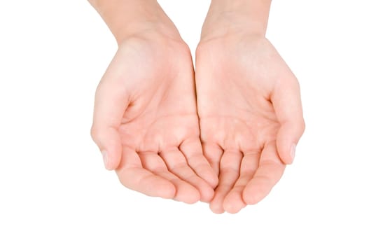 Detail view of the palms of a young male teenager against a white background
