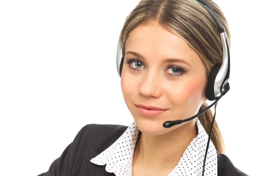 Close up portrait of a blond girl with headphones, illustrating support phone operator, on white