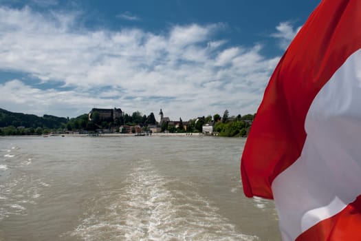 Market Grein,Danube,Austrian flag
