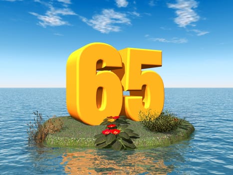 Computer-generated 3D illustration with the number 65 in an ocean landscape