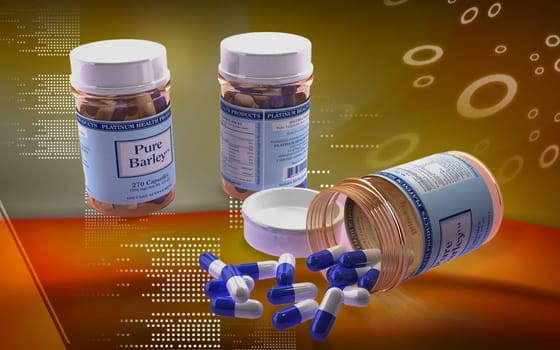 Digital illustration of capsule bottle in colour background