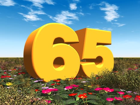 Computer-generated 3D illustration with the number 65 in a landscape