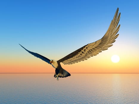 Computer-generated 3D illustration with a white-tailed eagle at a sunset