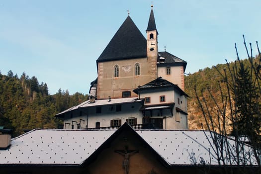 San Romedio monastery in Italy with snow during winter