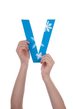 A Hand Holding a V with Snowflakes, Isolated