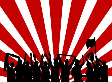 Red and white background with silhouette of cheering fans