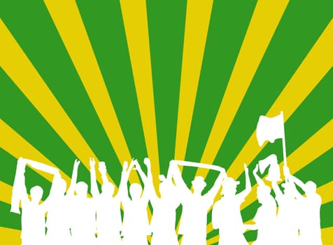 Yellow-green background with silhouette of cheering fans