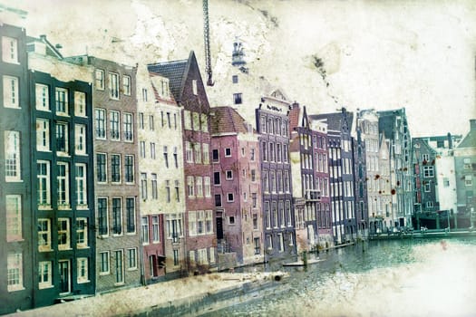 Vintage photo of traditional dutch buildings and canal, in city of Amsterdam