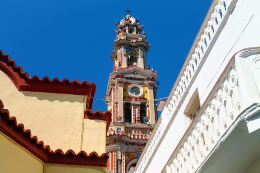 Coloured church of Panormitis in Symi island