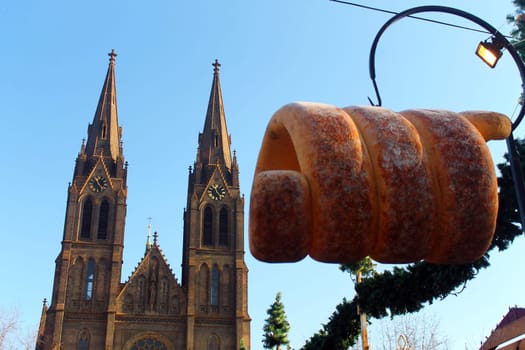 A church with a big Trodl in Prague during Christmas