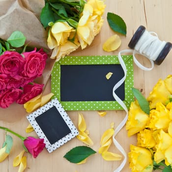 Colorful roses and small panels with text space