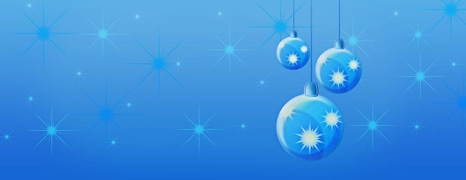 Blue christmas new year celebration panorama banner with three starry sky balls and baubles