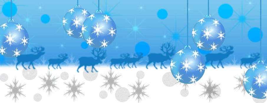 Blue and white christmas panorama banner with reindeer snow and baubles