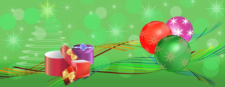 Colorful Christmas banner panorama with geen background ribbons, gift boxes and bright bauble balls