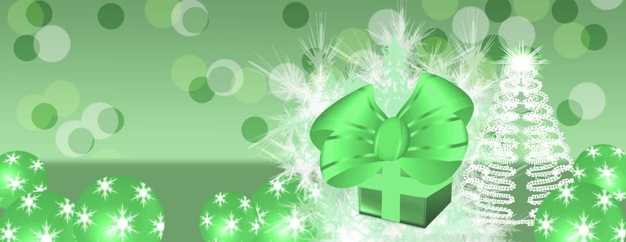 panorama christmas  celebration background with green present and tree and baubles