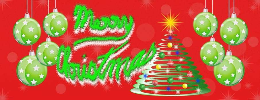 Merry christmas panoramic panorama banner with bright colors red and green baubles balls tree and star